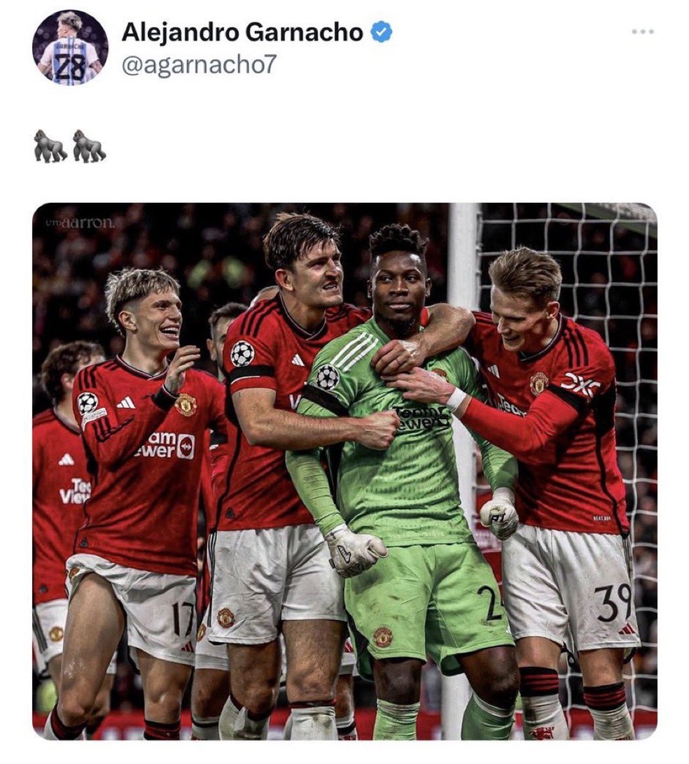 Garnacho usa emojis de gorila para se referir a Onana, companheiro do Manchester United — Foto: Reprodução/X