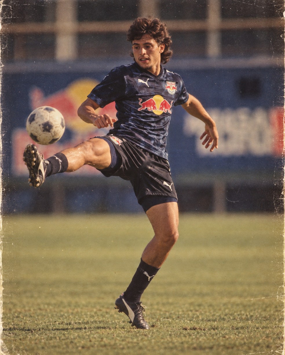 Davi Gomes na trend dos anos 80 — Foto: Ari Ferreira/Red Bull Bragantino - Adaptação ChatGPT
