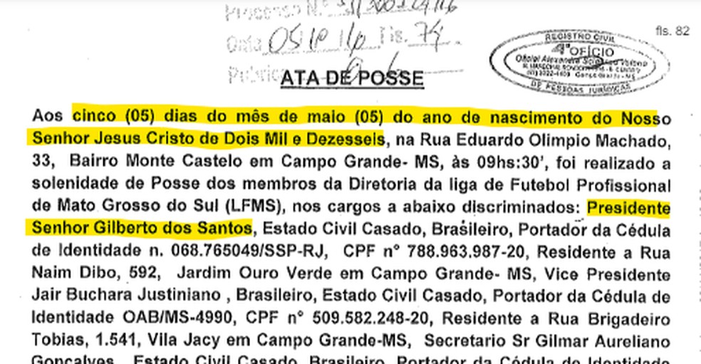 Posse de Gilberto dos Santos como presidente da Liga de Futebol Profissional de MS. — Foto: Reprodução