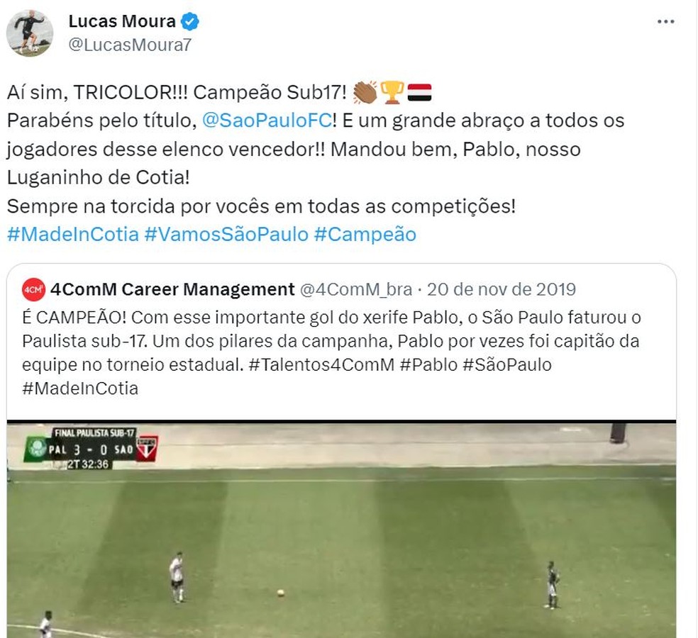 Lucas Moura comemora título do sub-17 do São Paulo  — Foto: Reprodução