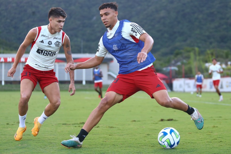 Victor Hugo e Luiz Araújo em treino no Flamengo — Foto: Gilvan de Souza / CRF