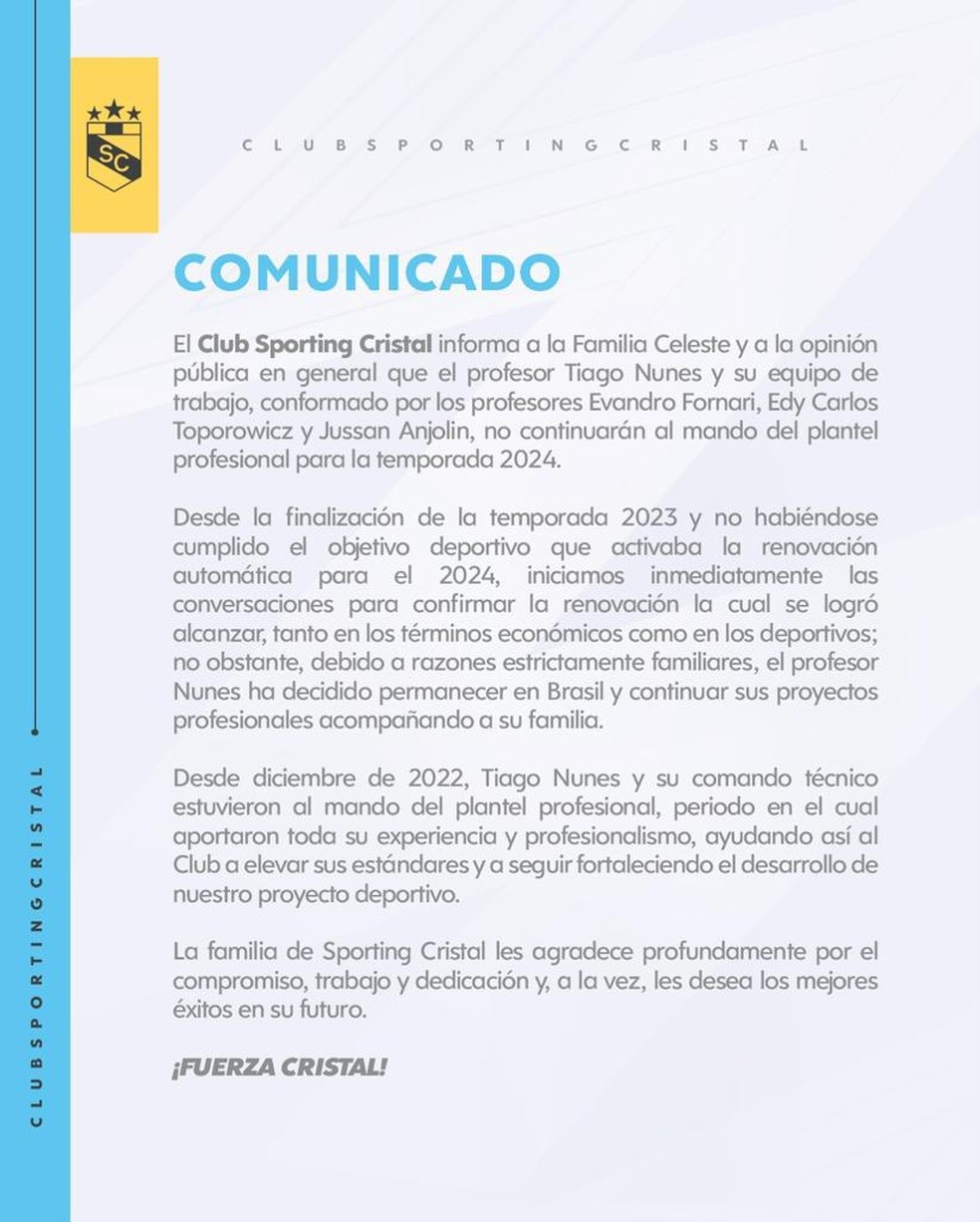 Comunicado Sporting Cristal — Foto: Divulgação