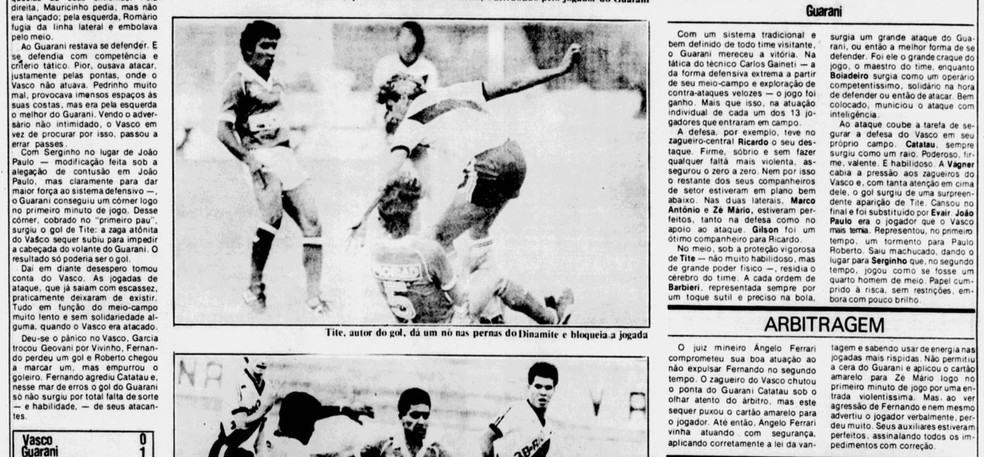 Tite, camisa 5 do Guarani, disputa com Roberto Dinamite — Foto: Reprodução/Jornal dos Sports