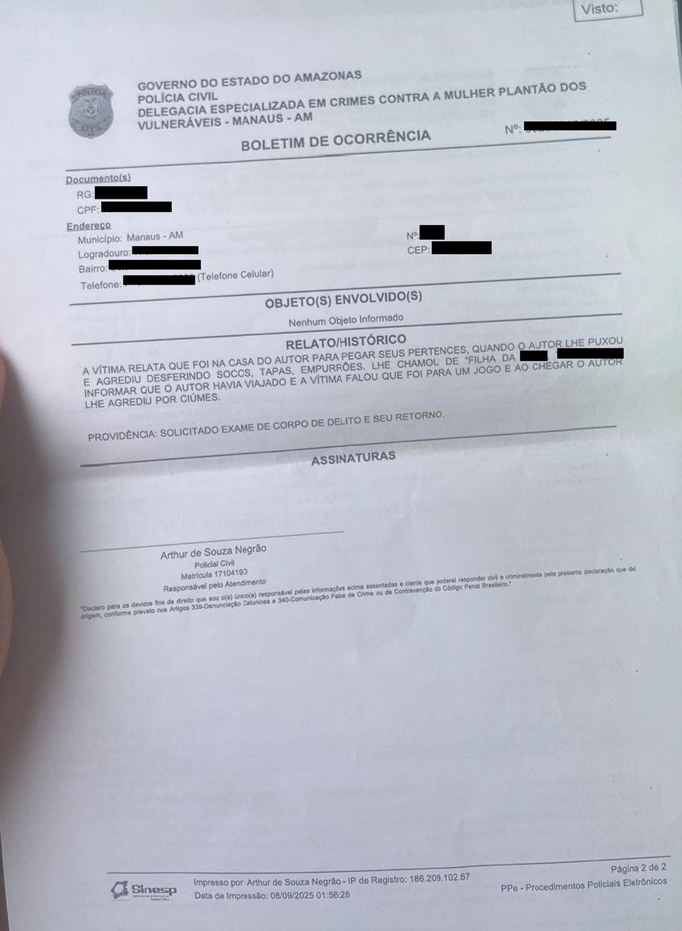 Joice registou Boletim de Ocorr&ecirc;ncia contra o &aacute;rbitro Hugo Paix&atilde;o &mdash; Foto: Reprodu&ccedil;&atilde;o