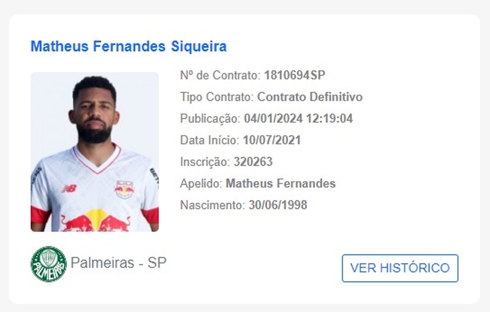 Matheus Fernandes teve contrato com o Palmeiras publicado no BID da CBF — Foto: Reprodução