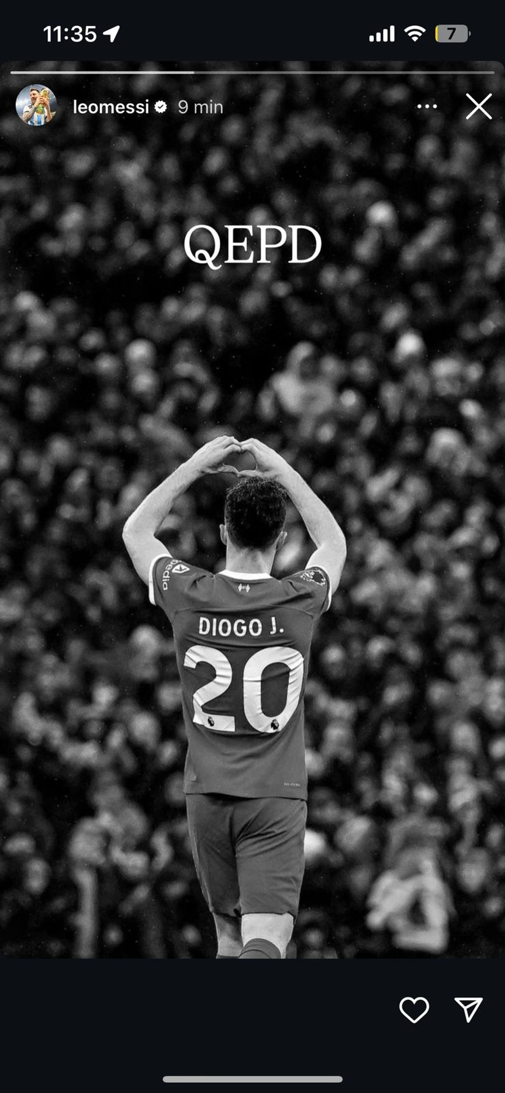 Messi lamenta morte de Diogo Jota — Foto: Reprodução / Lionel Messi