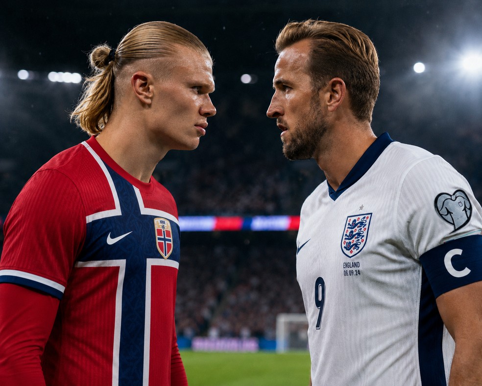 Haaland e Harry Kane se enfrentam em Noruega x Inglaterra nas quartas da Copa do Mundo &mdash; Foto: Imagem feita com IA