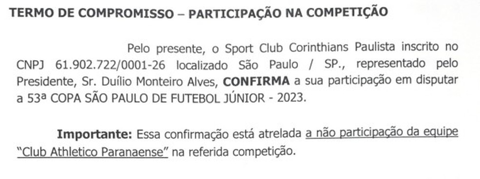 Termo de compromisso do Corinthians de participação na Copinha de 2023 — Foto: Reprodução