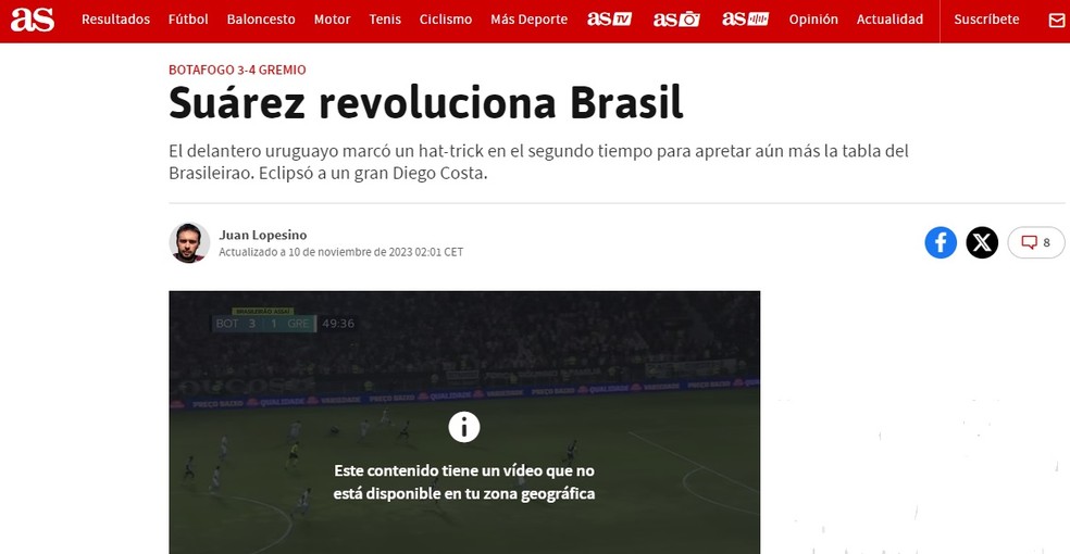 Suárez voltou a ser destaque na Espanha — Foto: Reprodução