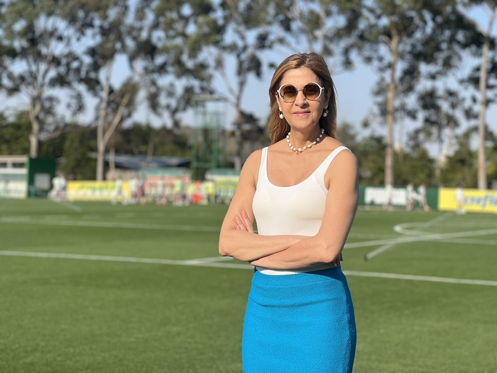 Leila Pereira na Academia de Futebol no treino do Palmeiras — Foto: Reprodução/Twitter