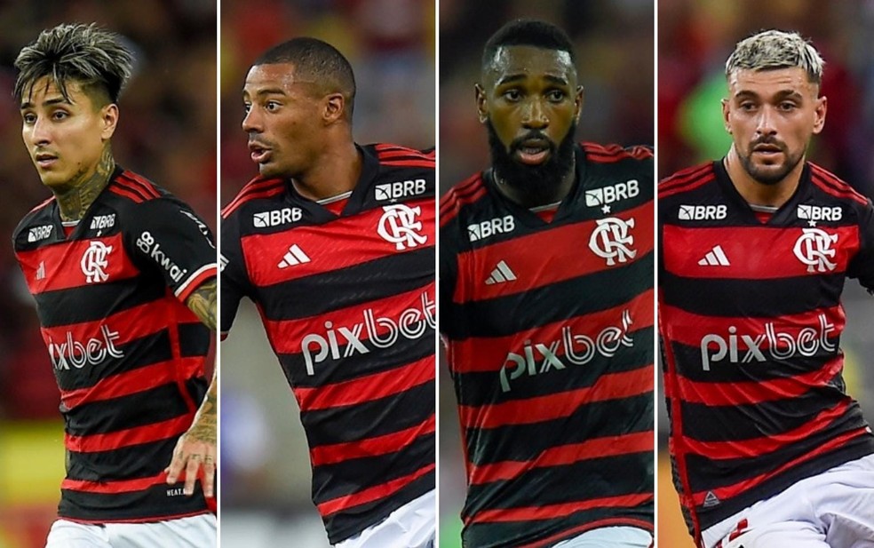 Pulgar, De la Cruz, Gerson e Arrascaeta no Flamengo — Foto: Marcelo Cortes e Gilvan de Souza / CRF
