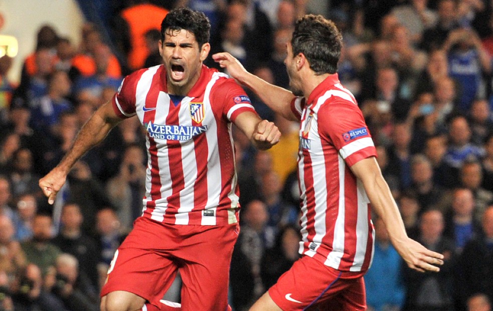 Diego Costa e Koke comemoram, Chelsea x Atlético de Madrid — Foto: AFP