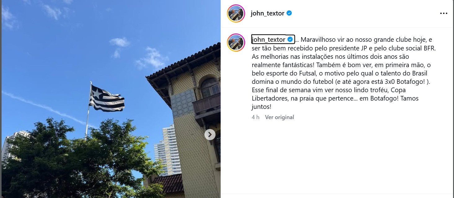 Textor visita sede do Botafogo e prega diálogo com o clube social