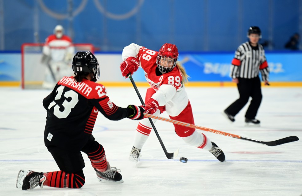 Dinamarca x Japão no Hóquei no gelo feminino em Pequim — Foto: Getty Images