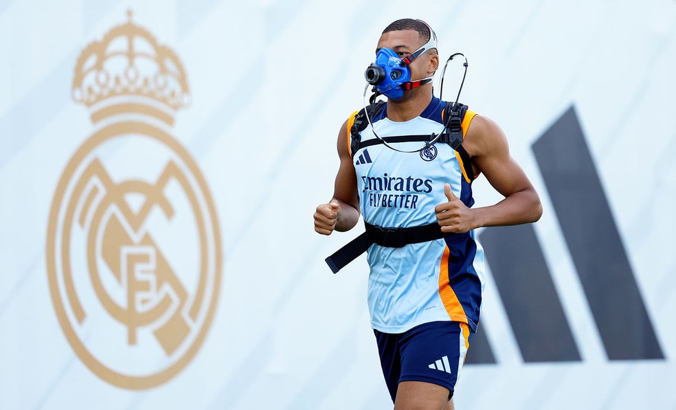 Mbappé, em treinos físicos especiais comandados pelo preparador Antonio Pintus no Real Madrid — Foto: María Jiménez/Real Madrid