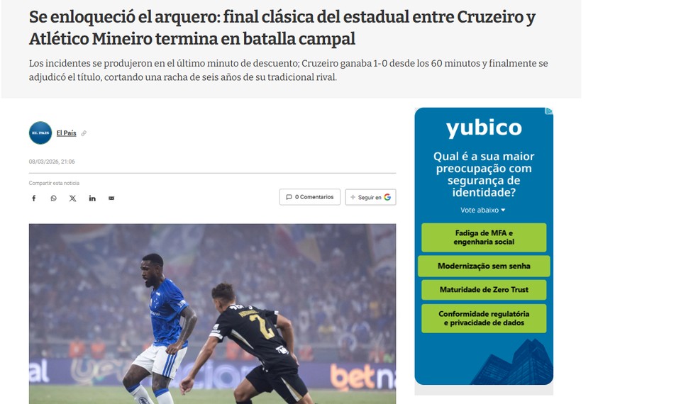 El País, do Uruguai, destaca pancadaria na final do Campeonato Mineiro — Foto: Reprodução