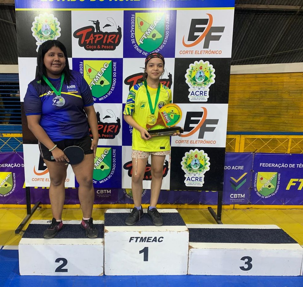 Pódio do Infantil Feminino na 2ª etapa do Acreano de Tênis de Mesa — Foto: Divulgação/FTMEAC