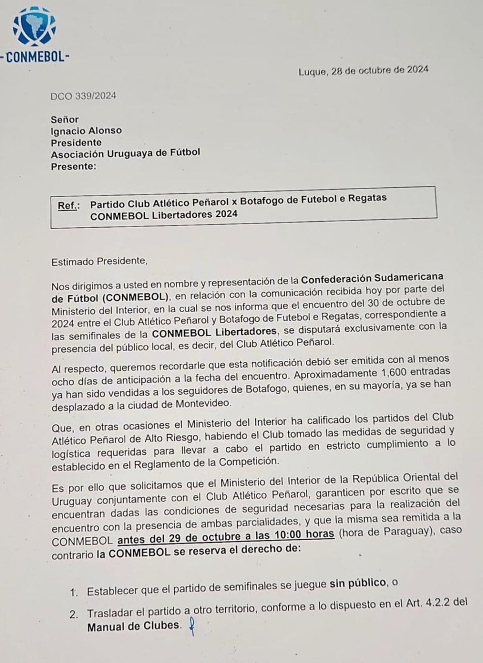 Ofício enviado pela Conmebol — Foto: Reprodução