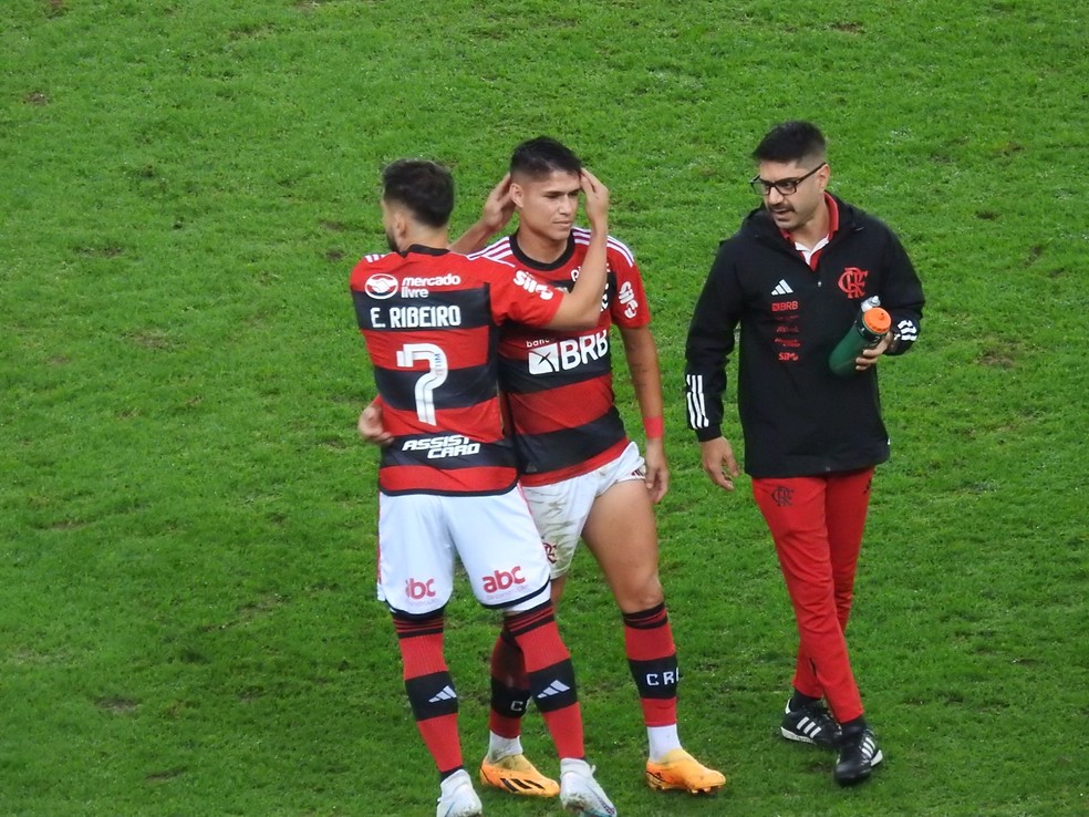 Luiz Araújo é consolado por Everton Ribeiro após se machucar em Flamengo x Inter-RS — Foto: Fred Gomes