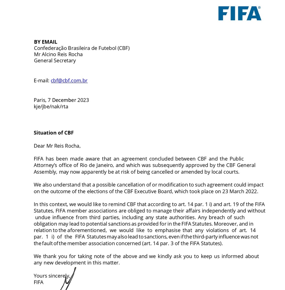 Carta da Fifa para a CBF — Foto: Reprodução