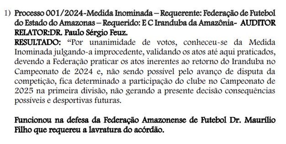 STJD determina o retorno do Iranduba &agrave; S&eacute;rie A do Amazonense &mdash; Foto: Reprodu&ccedil;&atilde;o