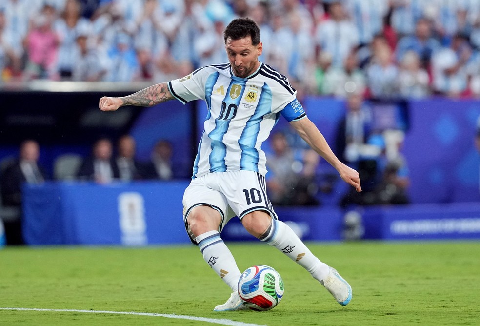 Messi finalizando em Argentina x Argélia na Copa do Mundo 2026 — Foto: IMAGN IMAGES via Reuters/Denny Medley