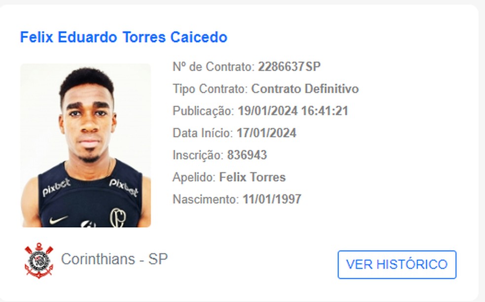 Félix Torres, zagueiro do Corinthians, foi regularizado no BID — Foto: Reprodução