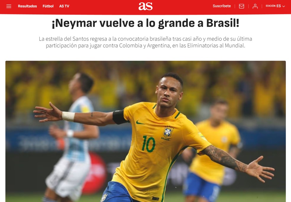Jornal espanhol destaca volta de Neymar � sele��o brasileira � Foto: Reprodu��o
