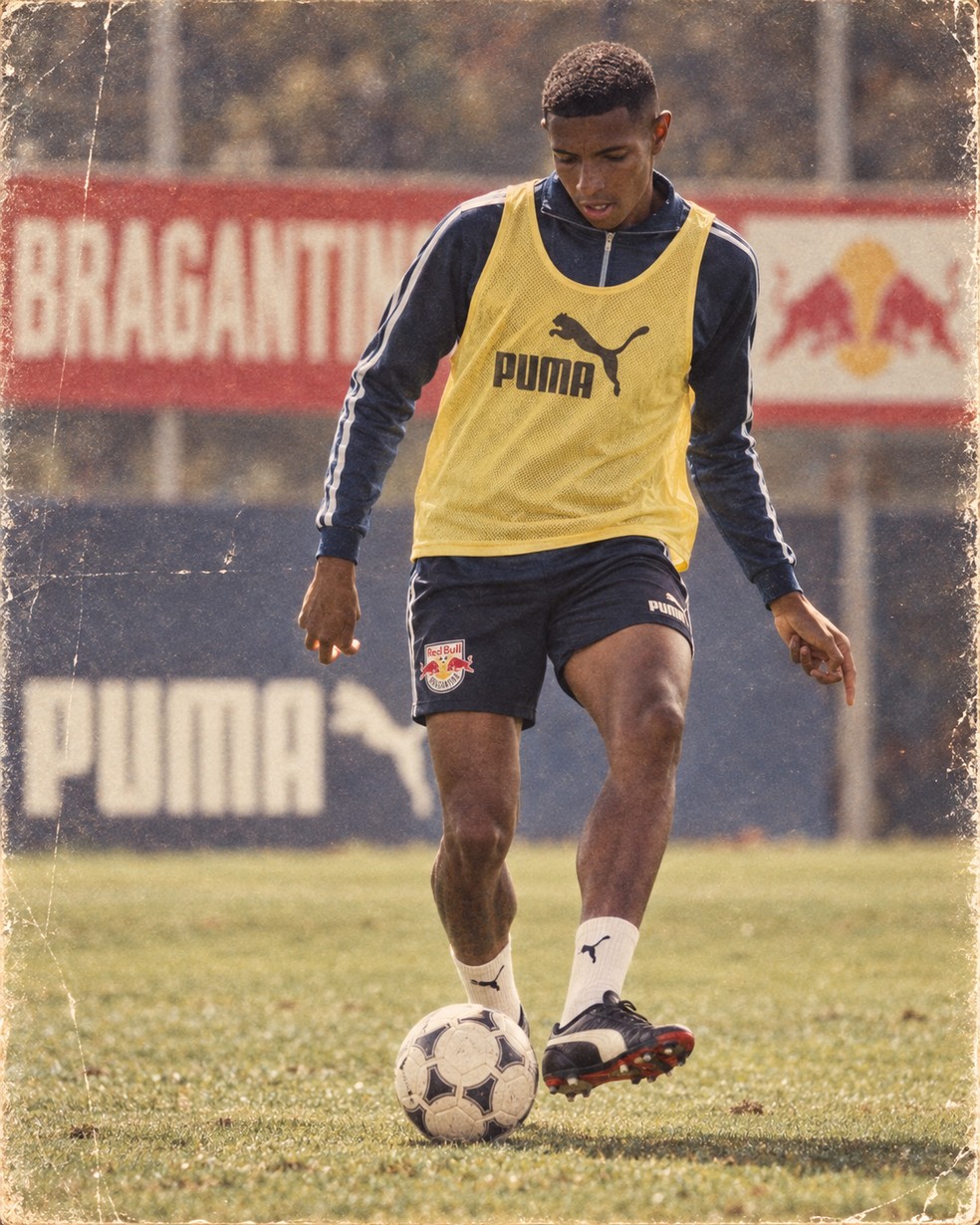 Cauê na trend dos anos 80 — Foto: Ari Ferreira/Red Bull Bragantino - Adaptação ChatGPT