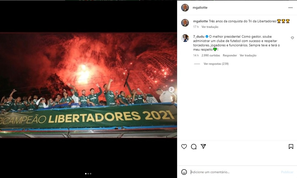 Dudu comenta em publicação de Maurício Galiotte, ex-presidente do Palmeiras — Foto: Reprodução