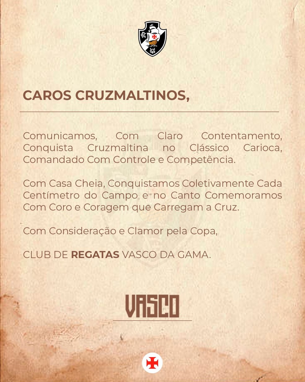 Provocação do Vasco ao Fluminense em carta só com a letra C — Foto: Divulgação / Vasco