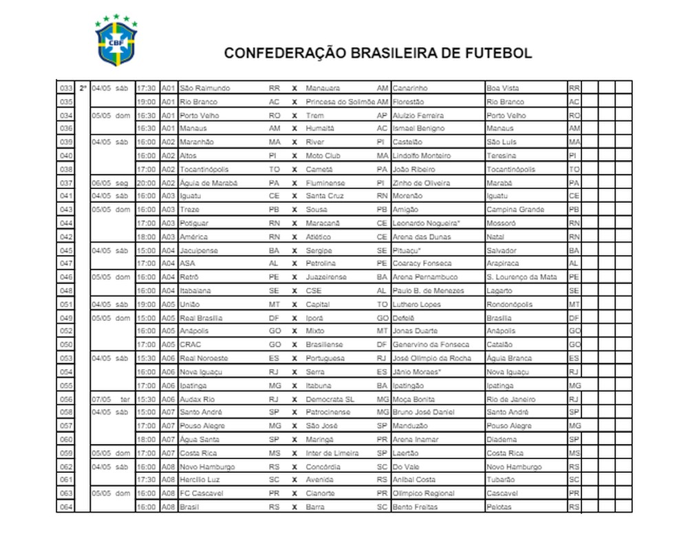 Série D Brasileiro 2024: CBF divulga tabela detalhada das sete primeiras rodadas — Foto: Reprodução