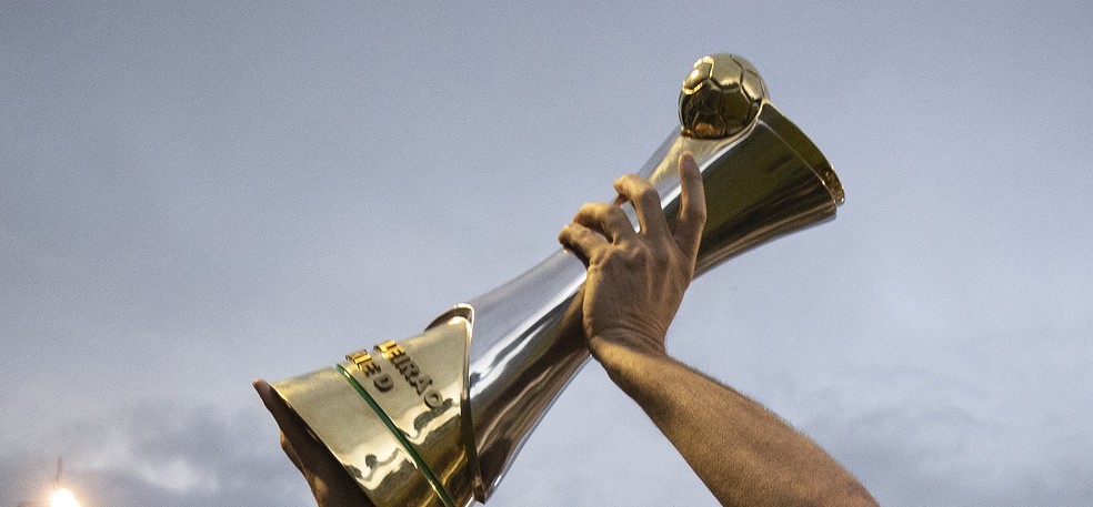 Taça da Série D do Brasileirão sendo erguida  — Foto: Thais Magalhães/CBF