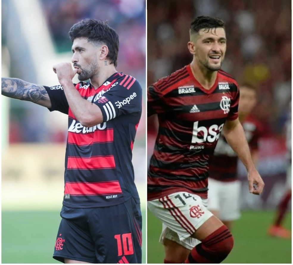 Arrascaeta em 2025 e em 2019 pelo Flamengo  Foto: Gilvan de Souza e Alexandre Vidal / Flamengo