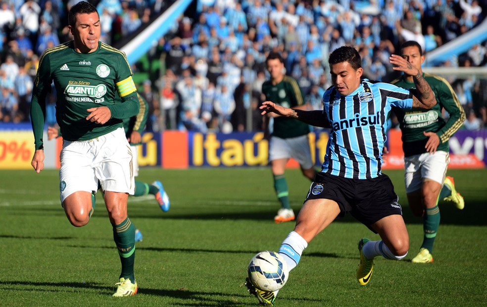 Dudu e Lúcio em Grêmio x Palmeiras em 2014 — Foto: Luiz Munhoz/Agência Estado