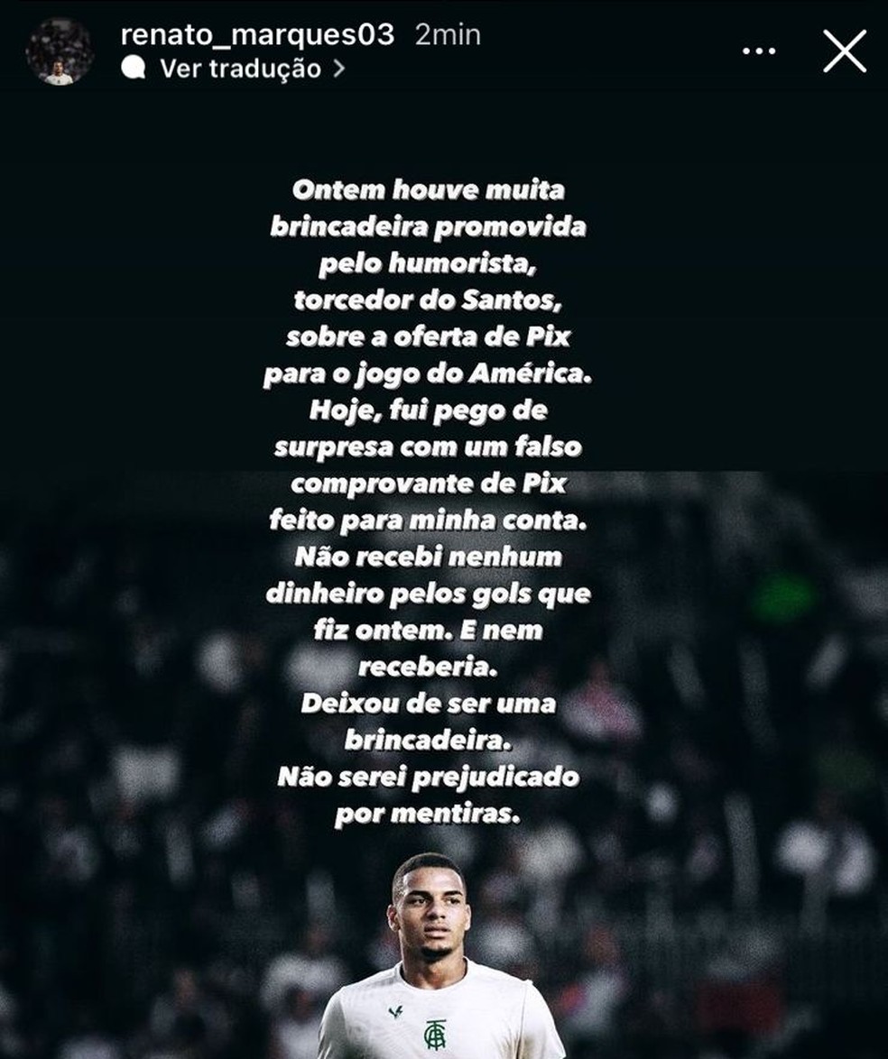 Renato Marques postou mensagem negando que tenha recebido dinheiro — Foto: Reprodução