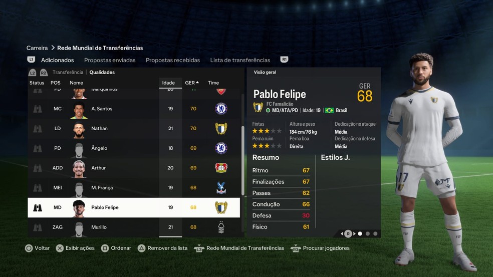 Pablo Felipe no modo carreira do EA FC 24 — Foto: Reprodução/EA Sports