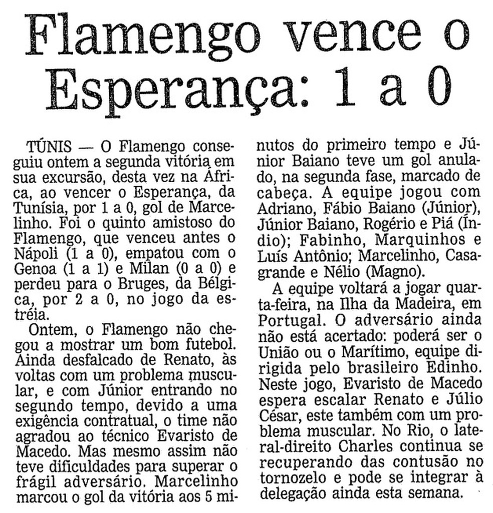 Jorgal O Globo no dia seguinte à vitória do Flamengo sobre o Esperánce em 1993 — Foto: Reprodução / O Globo