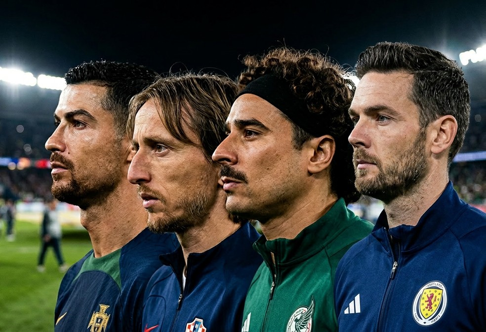 Cristiano Ronaldo, Luka Modric, Guillermo Ochoa e Craig Gordon — Foto: Imagem produzida com auxílio de IA