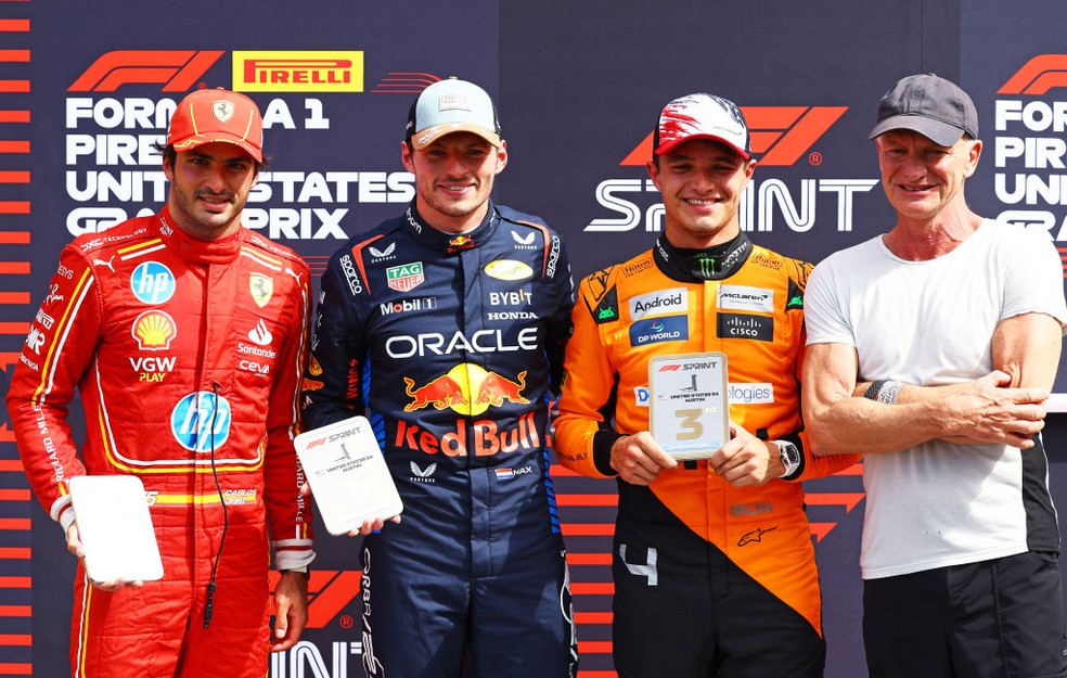 Top 3 da corrida sprint do GP dos EUA da F1 em 2024 — Foto: Mark Thompson/Getty Images