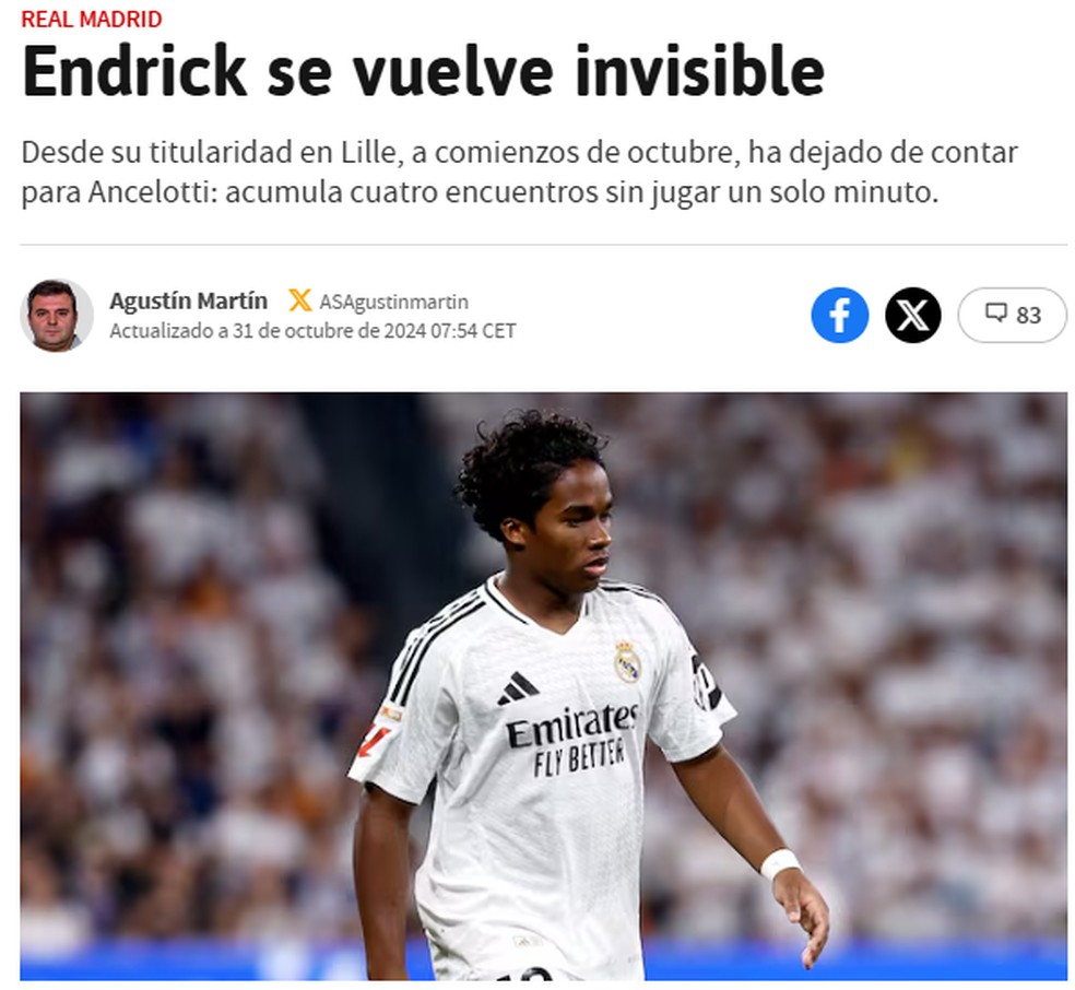 Endrick não sai do banco em quatro jogos do Real Madrid, e jornal As diz: "Endrick fica invisível" — Foto: Reprodução