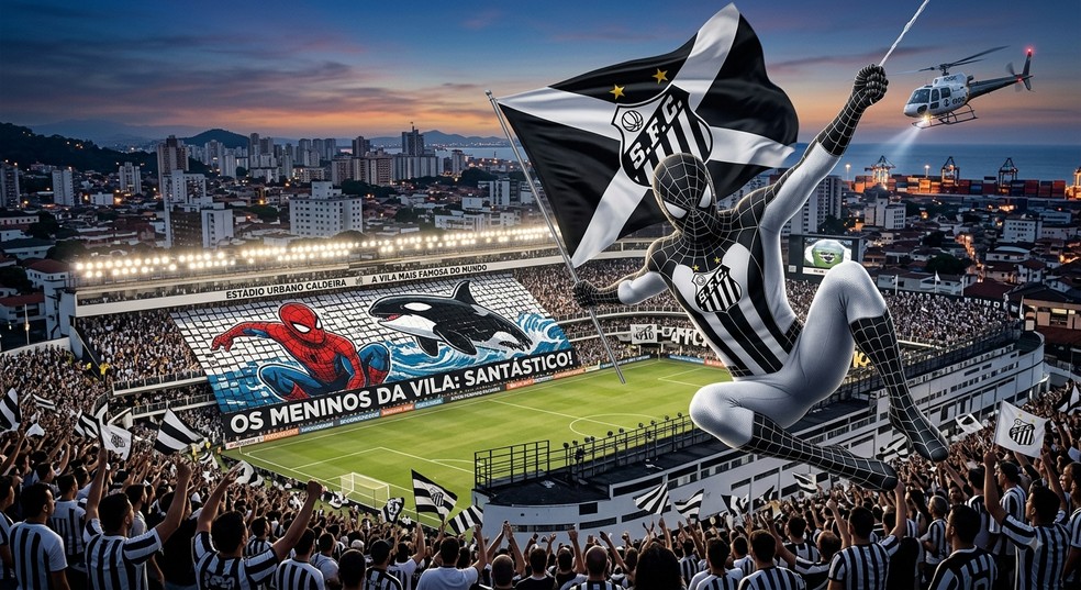 Homem-Aranha associado ao Santos feito por IA — Foto: Arte feita por IA