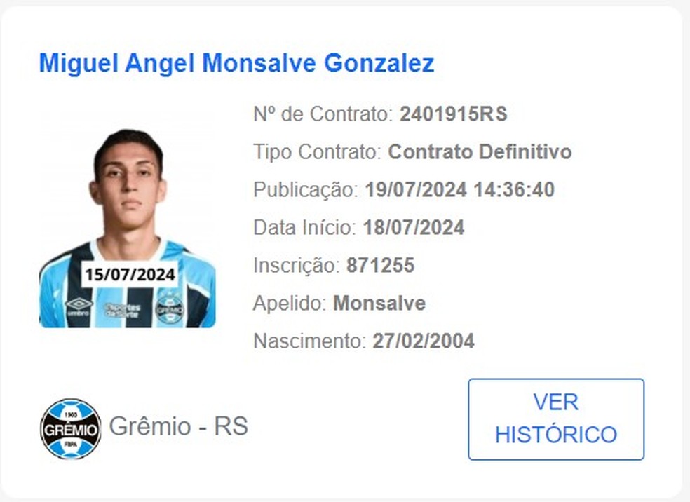 Monsalve regularizado pelo Grêmio — Foto: Reprodução