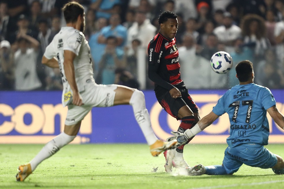 Plata parou em Gabriel Brazo em Santos x Flamengo  Foto: Gilvan de Souza / Flamengo