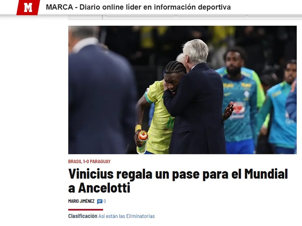 Jornal Marca elogia atuação de Vini.Jr contra o Paraguai — Foto: Reprodução/Marca