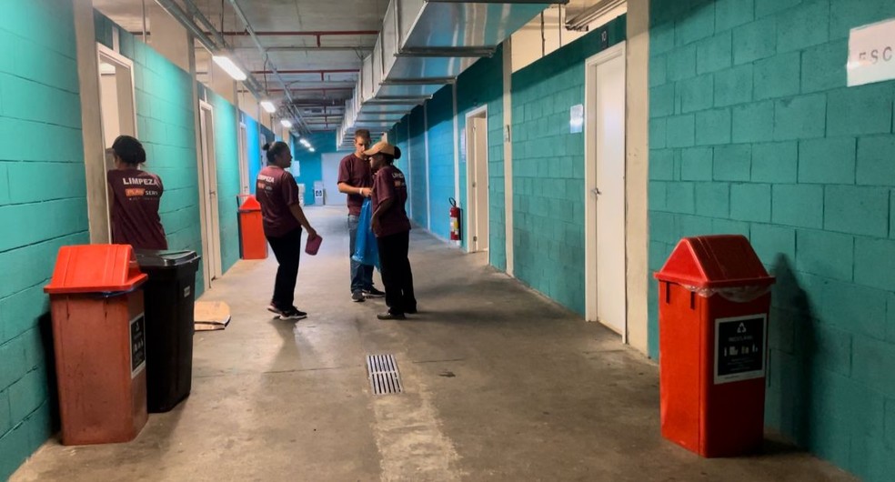 Estruturas fixas do Allianz Parque para suporte à equipe técnica no subsolo do estádio — Foto: Camila Alves