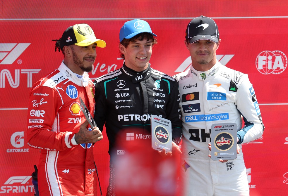 Antonelli, Hamilton e Norris fizeram pódio da sprint na Grã-Bretanha — Foto: Suzanne Plunkett/Reuters