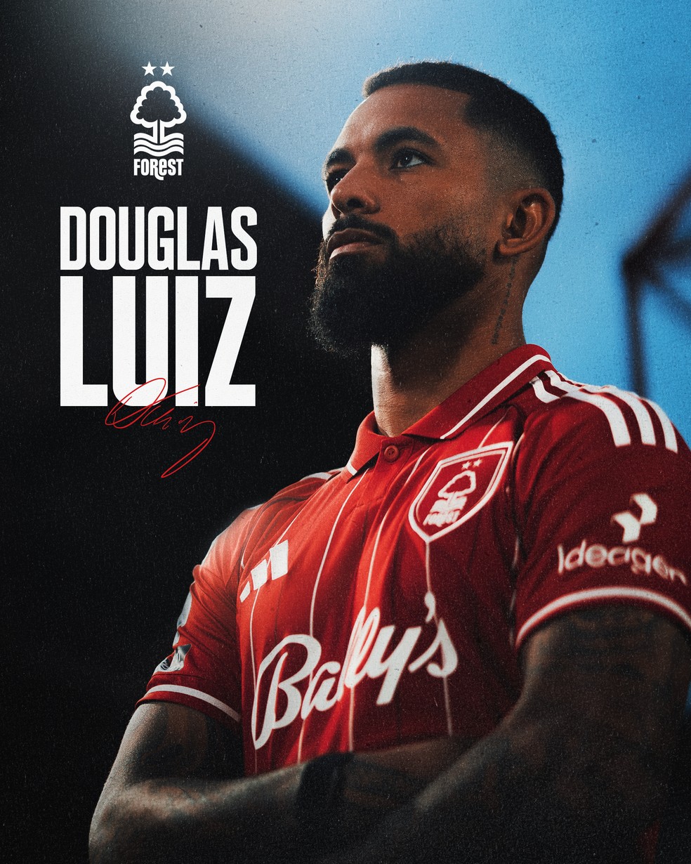 Nottingham Forest anuncia Douglas Luiz — Foto: Divulgação / Nottingham Forest