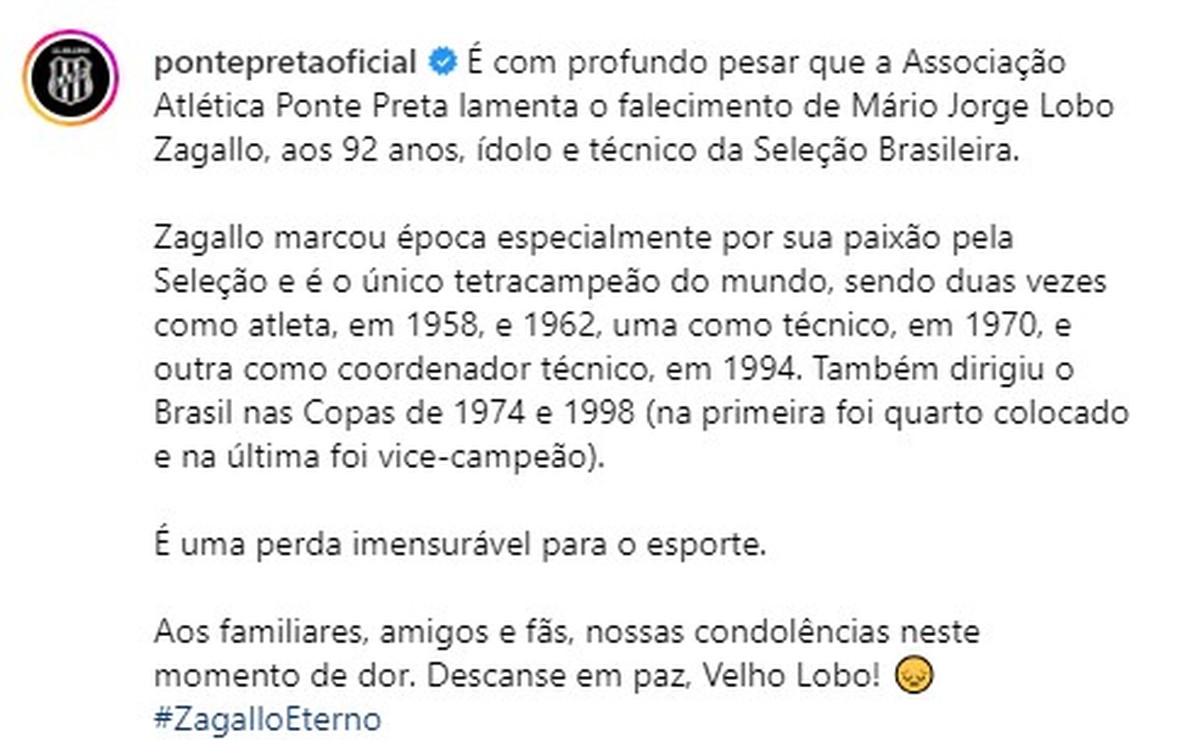 Guarani e Ponte homenageiam Zagallo: “Um dos maiores ícones do esporte” e “perda imensurável” | campinas e região