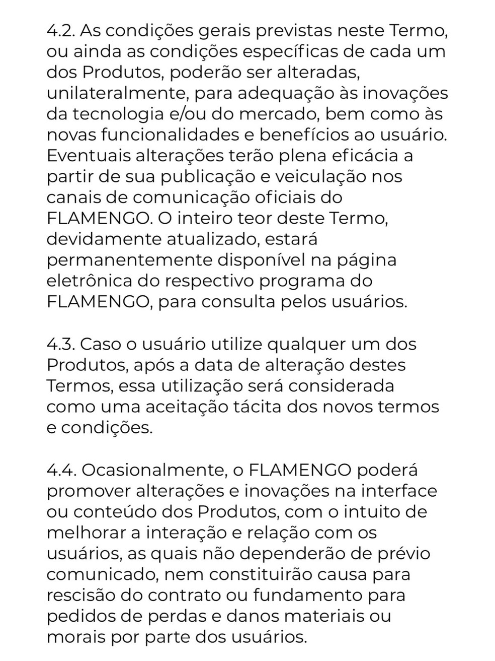 Novos termos de uso e política de privacidade do sócio torcedor do Flamengo — Foto: Reprodução